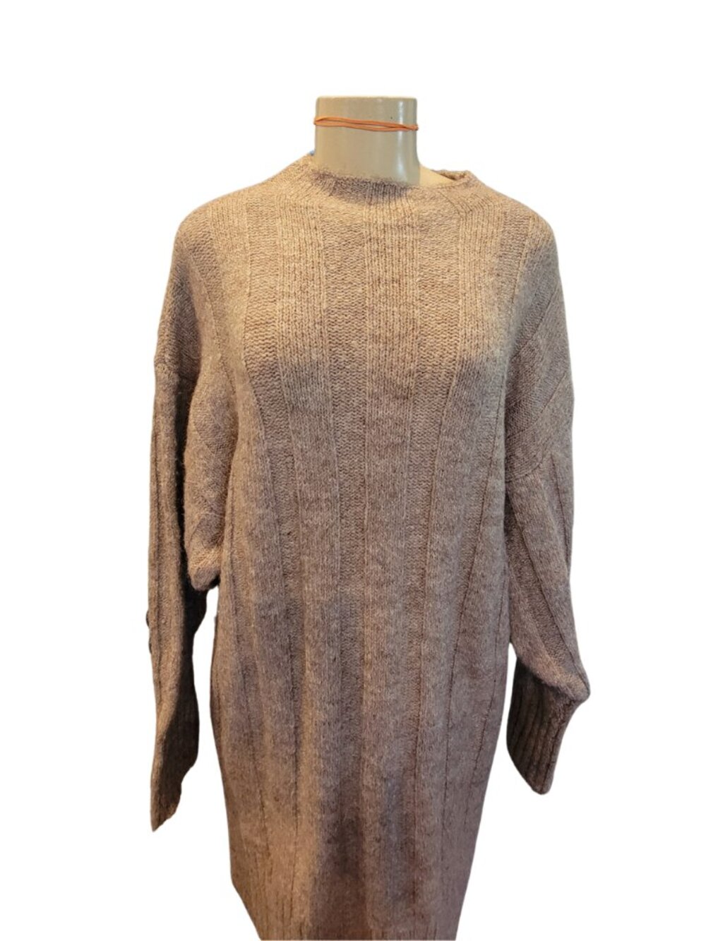 Topshop knitted oversized funnel neck wide rib mini dress in mushroom - Picture 3 of 13